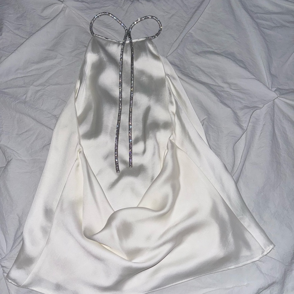 Zara Ivory Satin Strapless top with Rhinestone Tie